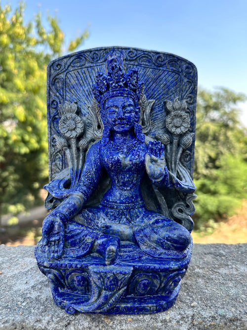 Exquisite Spiritual Carvings: The Divine Presence of Goddess Gaj Laxmi and Goddess Tara in Aventurine and Lapis Lazuli