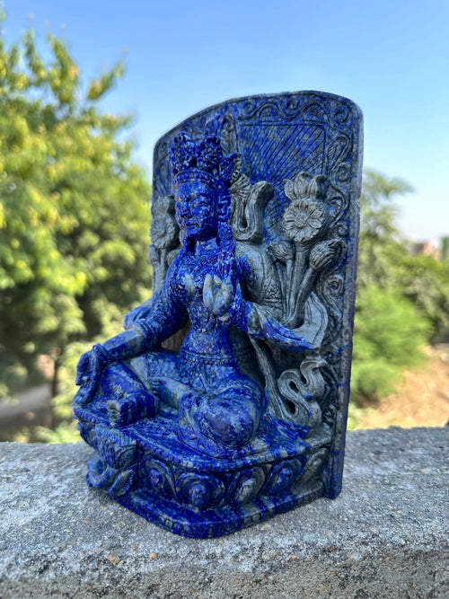 Exquisite Spiritual Carvings: The Divine Presence of Goddess Gaj Laxmi and Goddess Tara in Aventurine and Lapis Lazuli