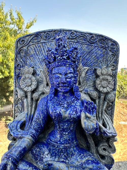 Exquisite Spiritual Carvings: The Divine Presence of Goddess Gaj Laxmi and Goddess Tara in Aventurine and Lapis Lazuli