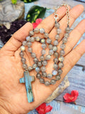 Sacred Handmade Labradorite Bead Mala with Labradorite Holy Cross Pendant - Embrace Spiritual Connection and Divine Protection