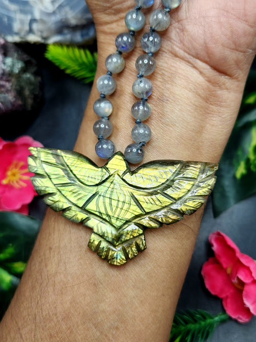 Labradorite Bead Mala with Labradorite Phoenix/Eagle Pendant - Embrace Transformation and Divine Connection