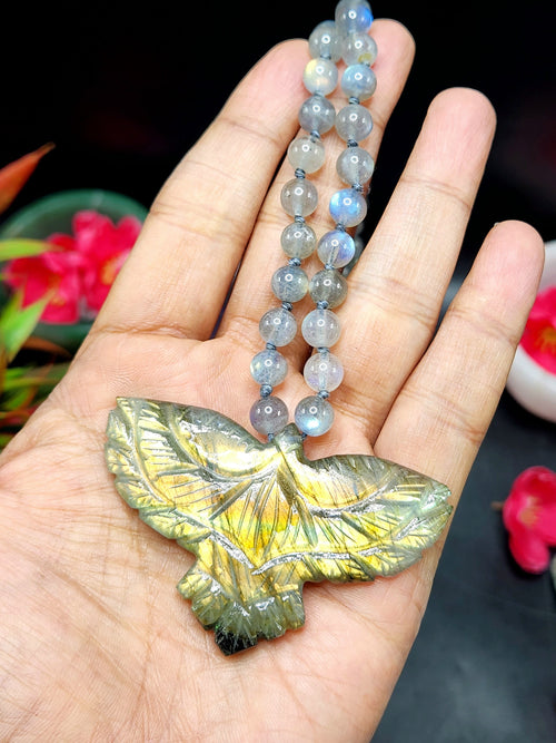 Labradorite Bead Mala with Labradorite Phoenix/Eagle Pendant - Embrace Transformation and Divine Beauty