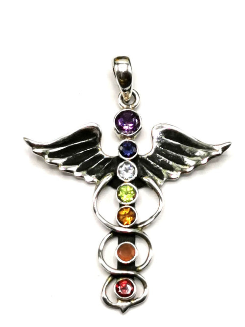 Sterling Silver Chakra Necklace Linked Symbols on chain with Onyx