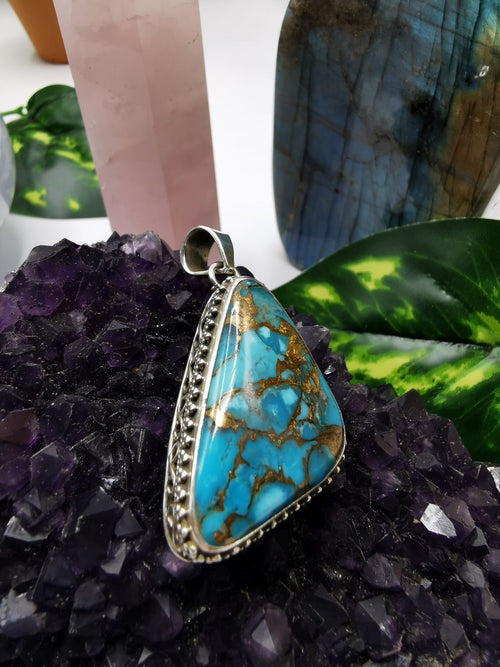 925 Silver gemstone pendant with Blue Copper Turquoise stone, daily wear silver jewelry | Mothers Day | Anniversary Gift | Birthday Gift - Shwasam