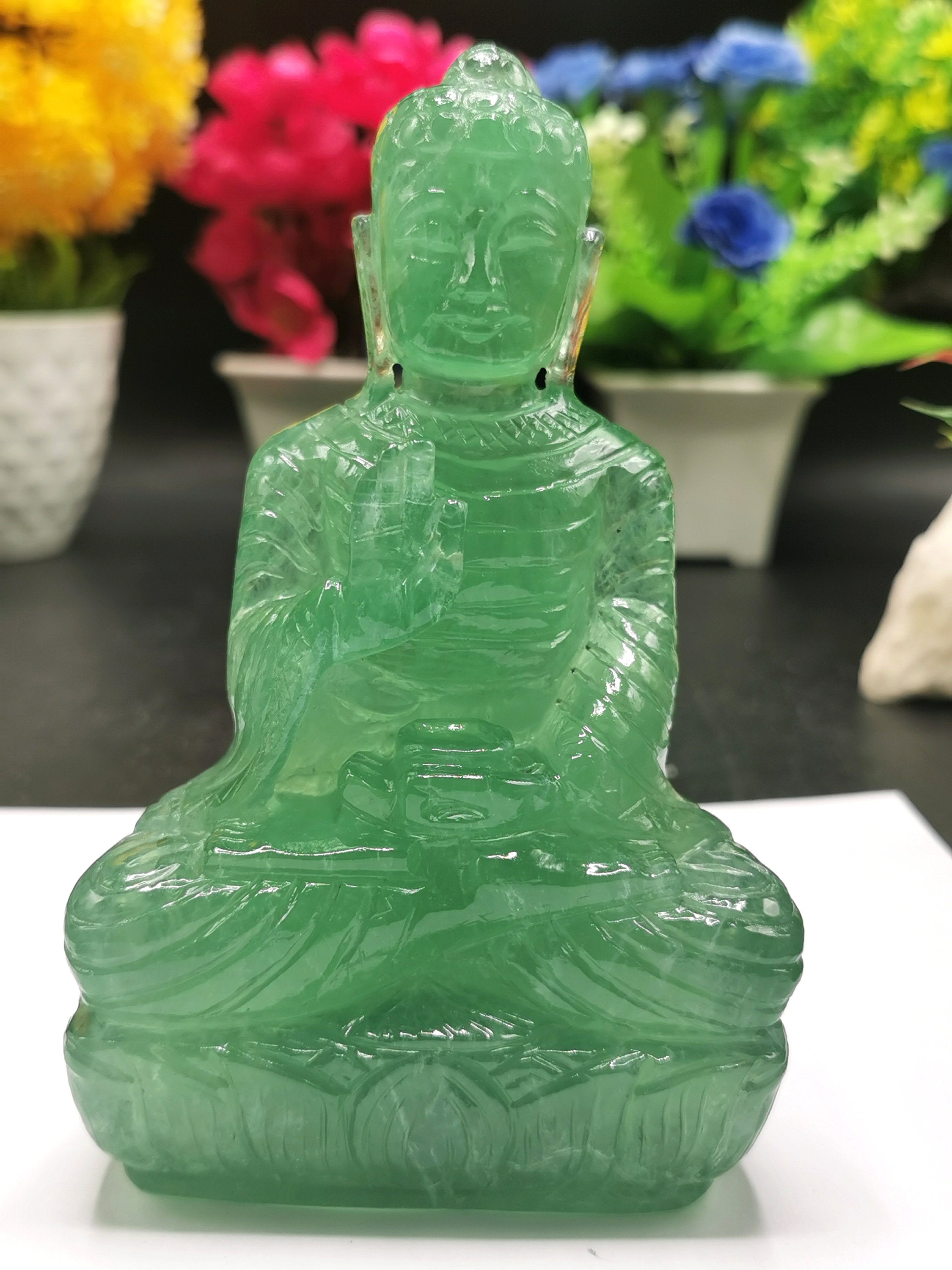 Green Fluorite Buddha - handmade carving of serene and meditating Lord