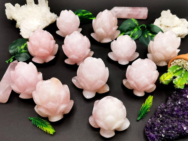 Beautiful rose quartz hand carved zinnia flower buying carving - crystal/gemstone carvings - 2.8inch and 100 gms (0.22 lb) - ONE PIECE ONLY