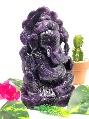 Lepidolite Handmade Carving of Ganesh - Lord Ganesha Idol in Crystals and Gemstones - Reiki/Chakra/Healing - 7.5 inch and 1.54 kg (3.09 lb)