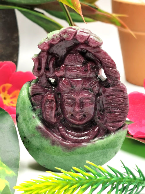 Shiva Head Handmade in Ruby Ziosite Carving - Lord Shivshankar in crystals and gemstones | Reiki/Chakra/Healing - 2.5 inch and 620 carats