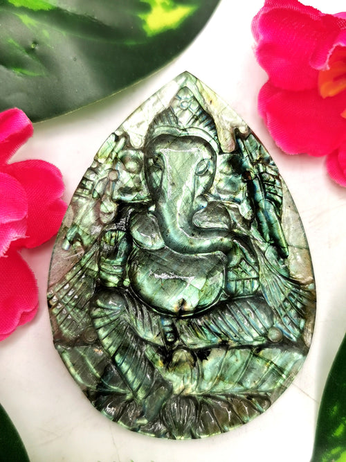 Labradorite Carving of Ganesh on a plate with blue flash - Lord Ganesha Idol | Figurine in Crystals and Gemstones - 3 inches and 36 gms