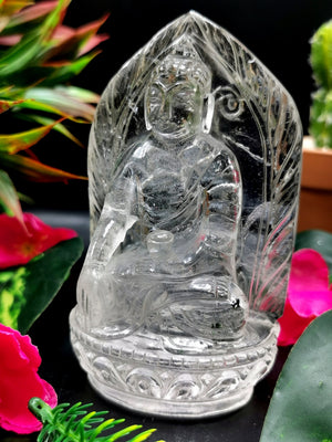 Clear Quartz/Clear Crystal Buddha - handmade carving of serene and meditating Lord Buddha - crystal/reiki/healing - 4.5 inches and 335 gms