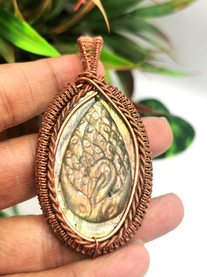 Jewelry Pendant in Labradorite Crystal with peacock carving in intricate copper wire wrap -gemstone/crystal jewelry|Wedding/Anniversary/Birthday gift