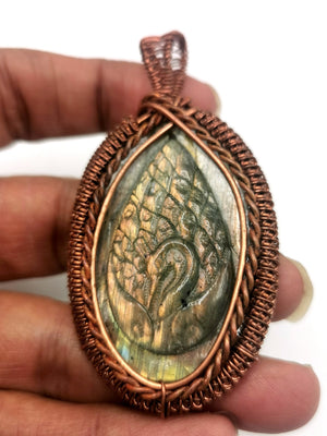 Jewelry Pendant in Labradorite Crystal with peacock carving in intricate copper wire wrap -gemstone/crystal jewelry|Wedding/Anniversary/Birthday gift