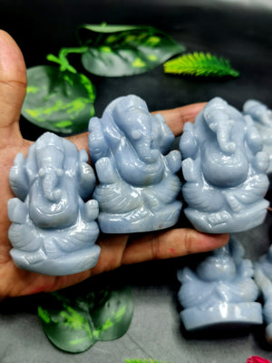 Angelite Handmade gemstone Carving of Ganesh - Lord Ganesha Idol | Sculpture in Crystals/Gemstones - Reiki/Chakra/Healing - 3 inches and 145 gms