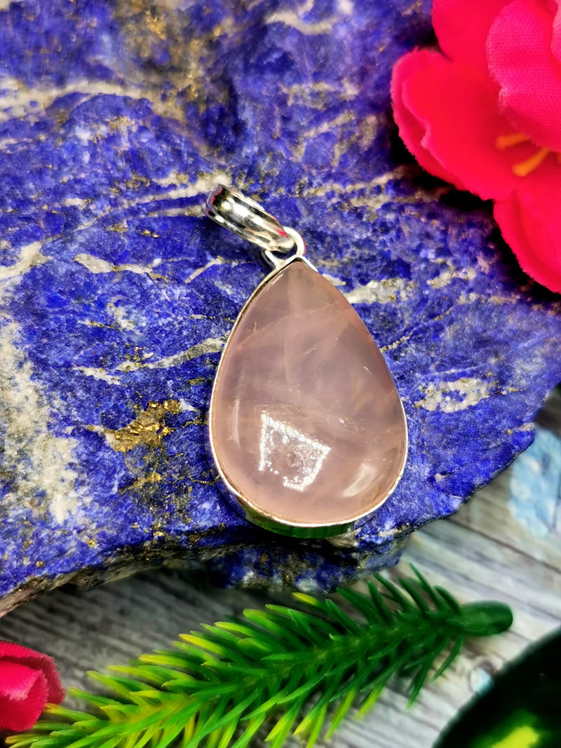 Natural Rose Quartz Pendant in German Silver with 2 micron silver