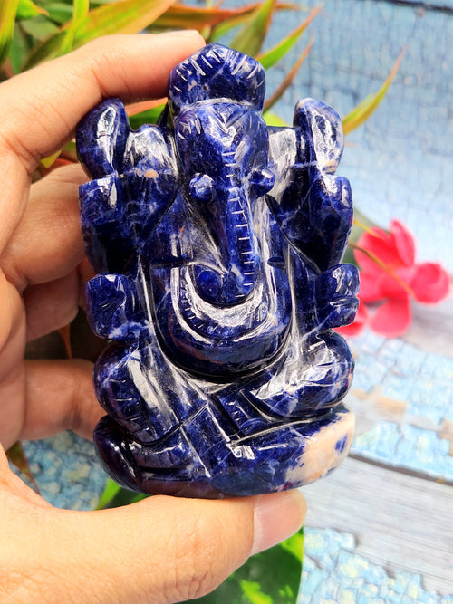 Gift a Ganesha - Sodalite Handmade Carving of Ganesh - Idol/Murti in Crystals and Gemstones -Reiki/Chakra/Healing - 3.5 inches and 192 gms