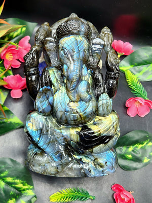 Black Rainbow Gemstone or Labradorite Handmade Carving of Ganesh with blue flash - Lord Ganesha Idol | Figurine in Crystals and Gemstones - 7.5 inches and 2.87 kgs