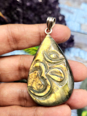 Sacred Handmade Labradorite Om Symbol Teardrop Pendant with 925 Silver Loop - Spiritual Harmony and Divine Connection - ONE PIECE ONLY