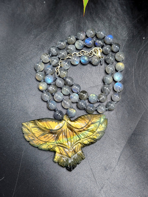 Labradorite Bead Mala with Labradorite Phoenix/Eagle Pendant - Embrace Transformation and Divine Beauty