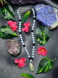 Aquamarine and Black Onyx Bead Mala Necklace with Labradorite Peacock Pendant - Embrace Inner Wisdom and Elegance