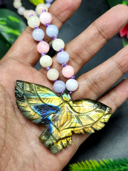 Morganite Bead Mala Necklace with Labradorite Phoenix Pendant - Embrace Renewal and Elegance