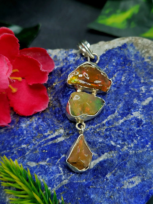 Ethiopian Opal Rough Triple Stone Pendant: A Radiant Trio of Nature's Artistry