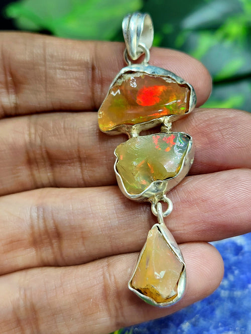 Ethiopian Opal Rough Triple Stone Pendant: A Radiant Trio of Nature's Artistry