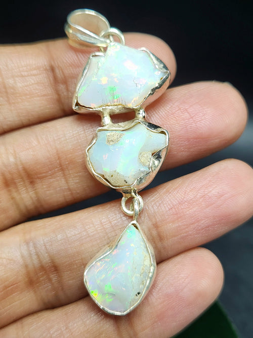 Ethiopian Opal Rough Triple Stone Pendant - Nature's Triplet Symphony in Silver